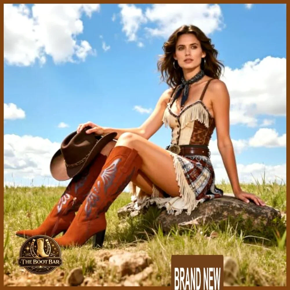 Pointed Toe Cowboy Boots Chunky Heel Knee High Wide Calf Western Elegant - Picture 2 of 7